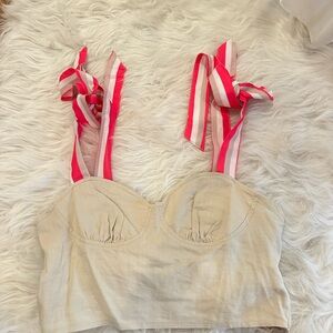 Beige Crop Top with Pink Striped Straps